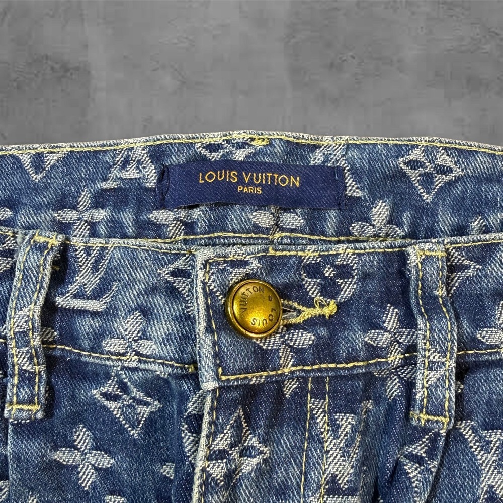 Wide Leg Blue Louis Vuitton Lv Monogram Leather Design Streetwear Jeans - Picture 5 of 9